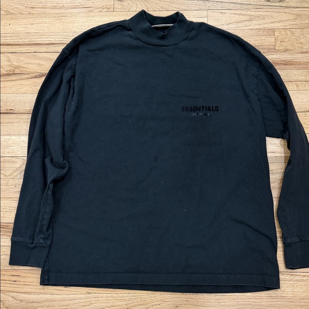 Essentials Black Long-Sleeve Mock Neck Shirt with Subtle Logo